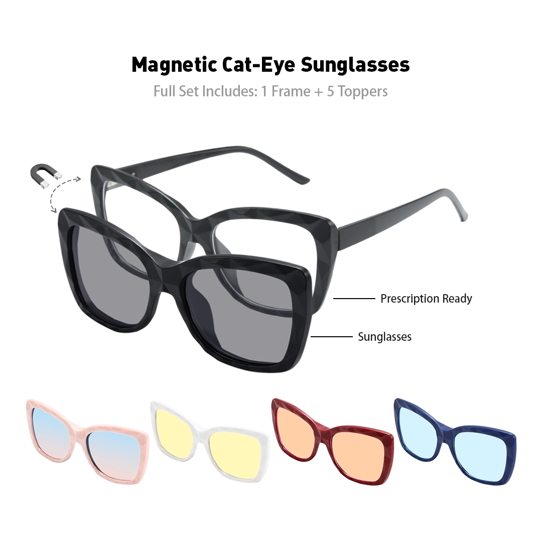 Set view of Kaya cat eye pc magnetic clip-on eyeglasses set with interchangeable toppers CP0432506 in black