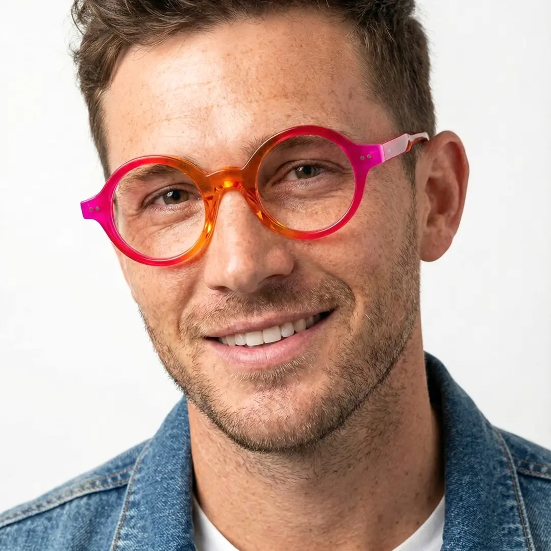 Face close-up view of male wearing orange round eyeglasses, soft smile, RA0022307