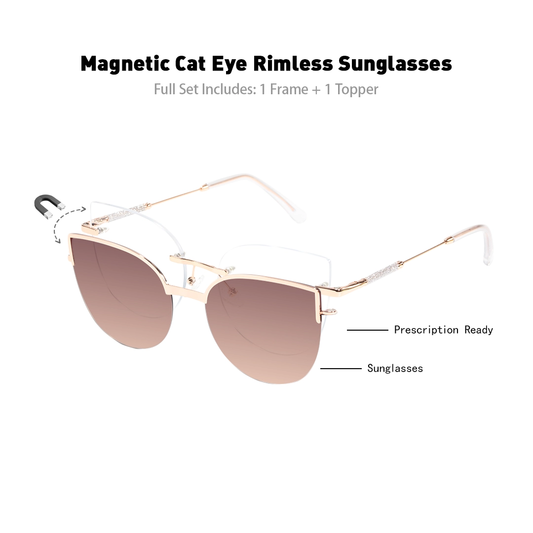 Set view of Mirel cat eye metal magnetic clip-on eyeglasses set with interchangeable toppers CM0272601 in gold
