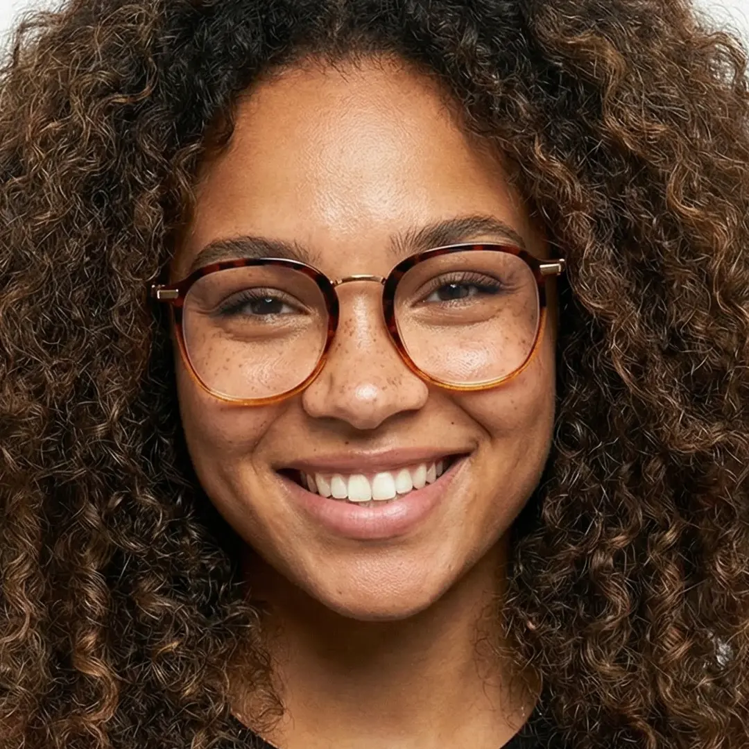 Front view of female wearing tortoise square eyeglasses, smiling, SR0012502