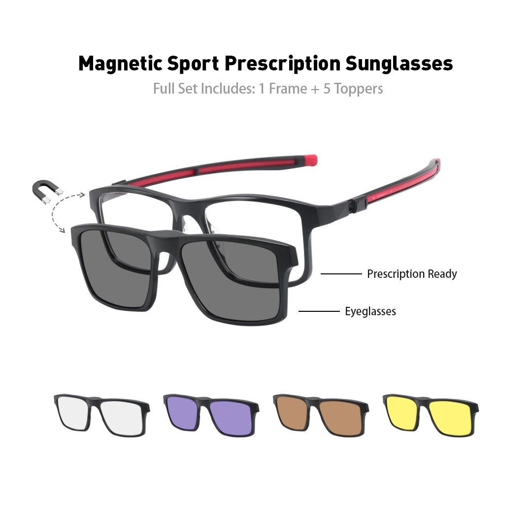 Set view of Monty rectangle tr90 magnetic clip-on eyeglasses set with interchangeable toppers ER0142508 in full set