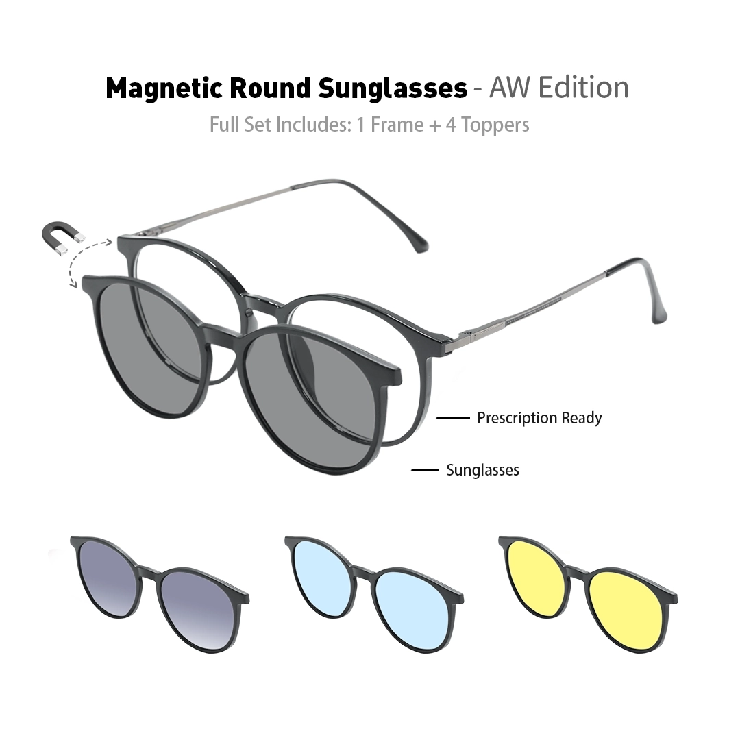 Set view of Nita round metal magnetic clip-on eyeglasses set with interchangeable toppers RM0592505 in black