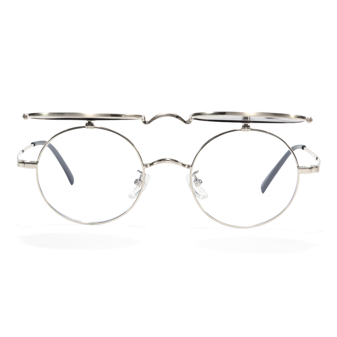 Front view of Noe round metal flip-up eyeglasses RM0042601 in silver