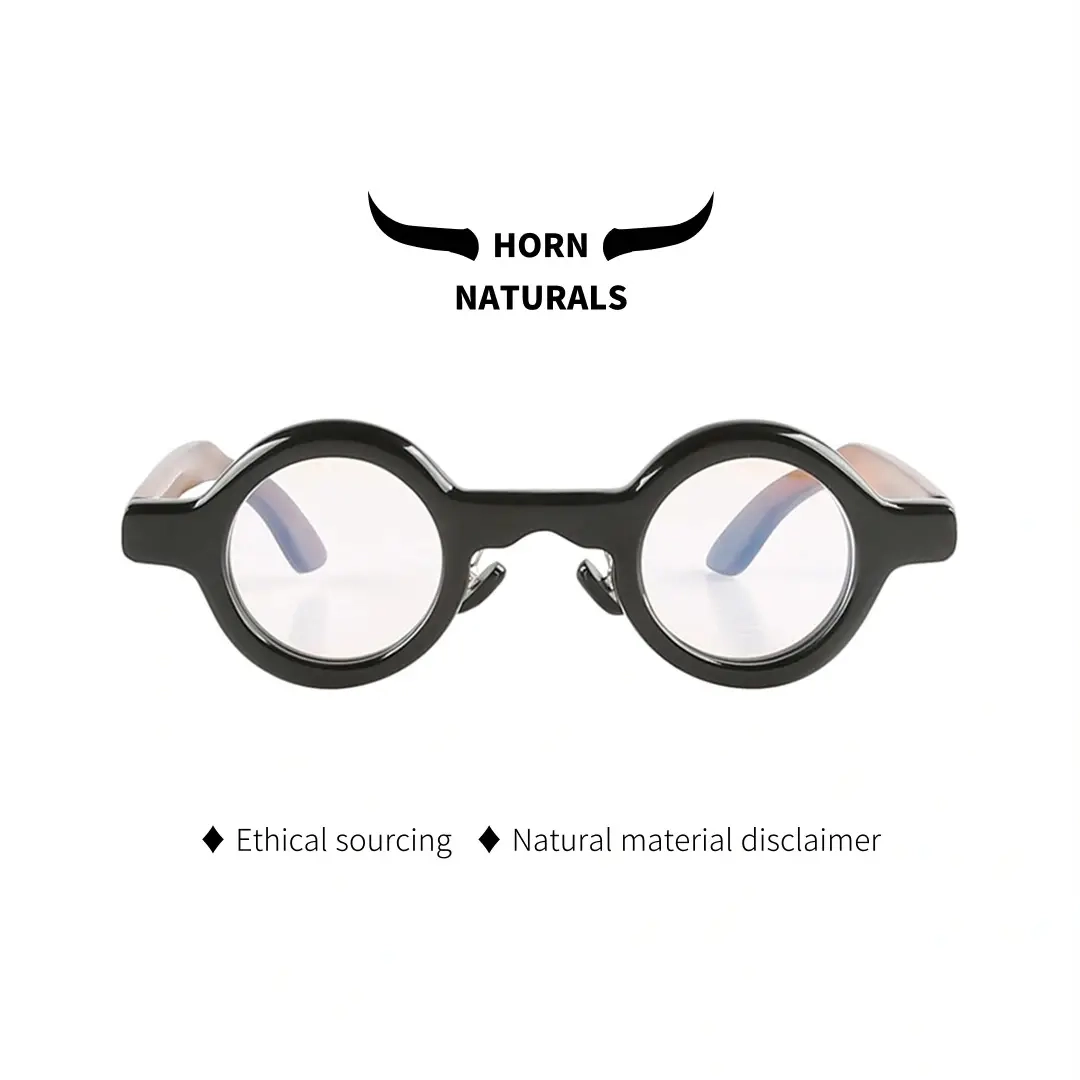 Front view of Orbis round natural ox horn handcrafted eyeglasses RO0292511 in black