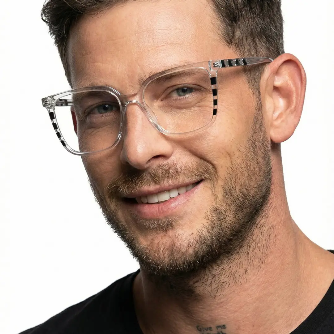 Front view of male wearing clear square eyeglasses, friendly smile, SR0022510