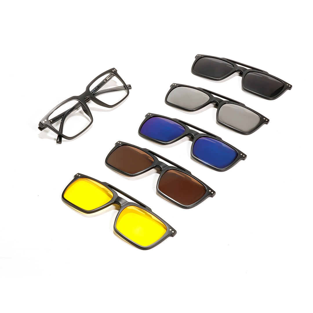 Flat lay view of Parker rectangle tr90 magnetic clip-on eyeglasses set with interchangeable clip-on lenses ER0142601 in black