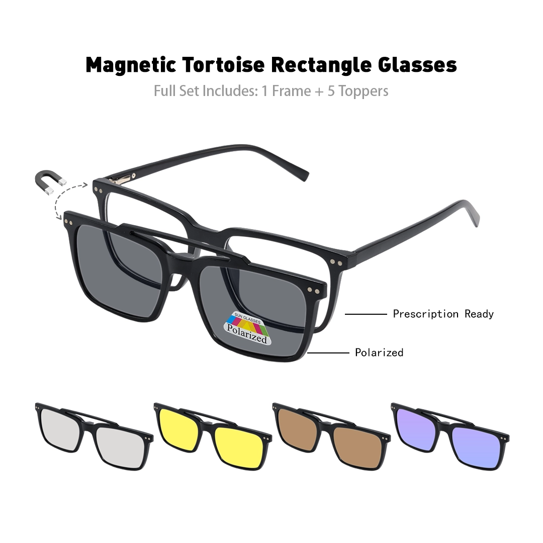 Set view of Parker rectangle tr90 magnetic clip-on eyeglasses set with interchangeable toppers ER0142601 in black