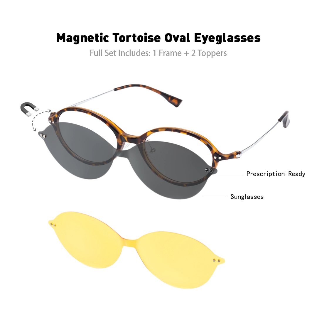 Set view of Perrin oval tr90 magnetic clip-on eyeglasses set with interchangeable toppers OR0372601 in tortoise