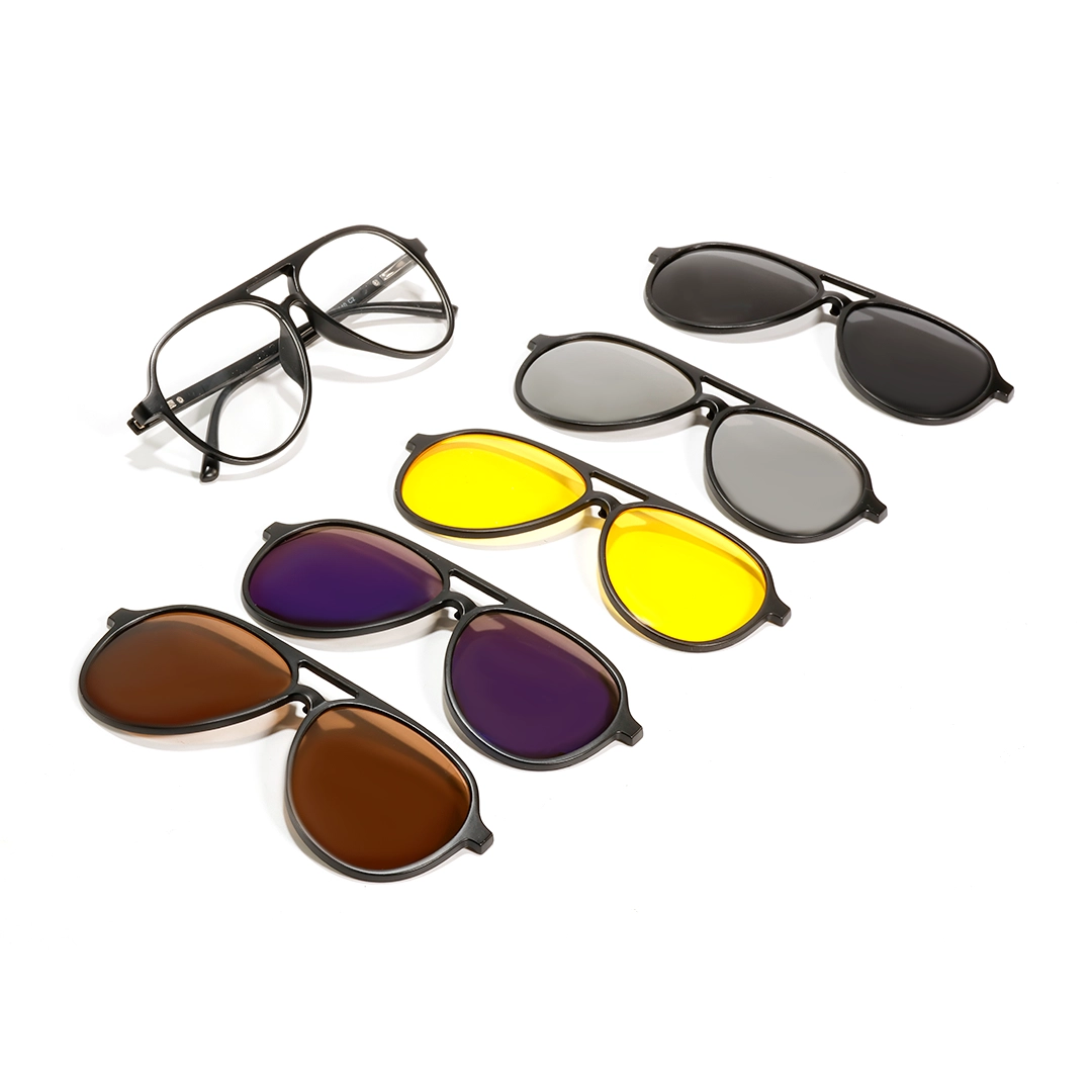 Flat lay view of Rift aviator tr90 magnetic clip-on eyeglasses set with interchangeable clip-on lenses AR0122601 in black