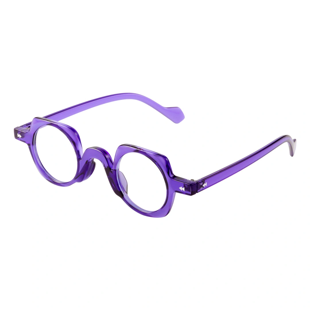 Angle view of Rust geometric pc eyeglasses GP0342411 in purple