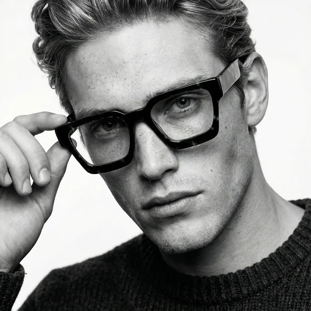 Profile view of male wearing tortoise square eyeglasses, holding glasses, confident expression, SA0552302