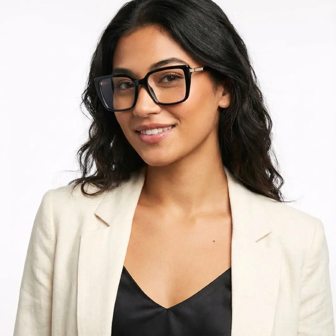 Full profile view of female wearing black square eyeglasses, natural smile, SR0312508