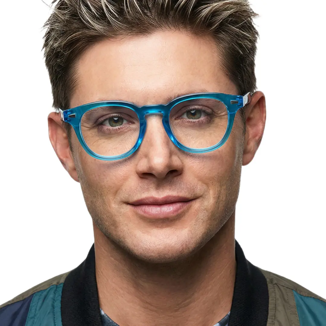 Front view of male wearing blue square eyeglasses, calm expression, SR0062507