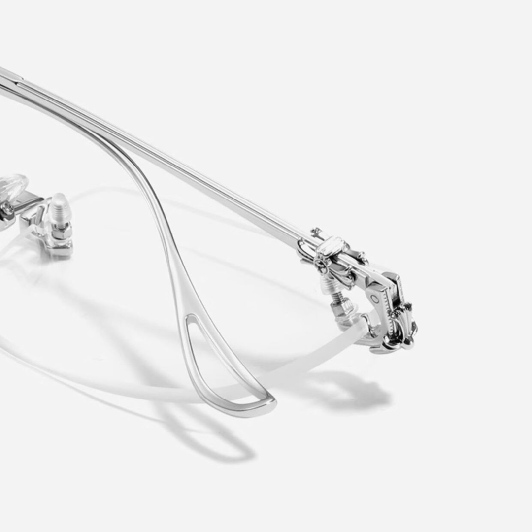 Spring hinge detail of Sylus rectangle metal eyeglasses EM0352412 in silver