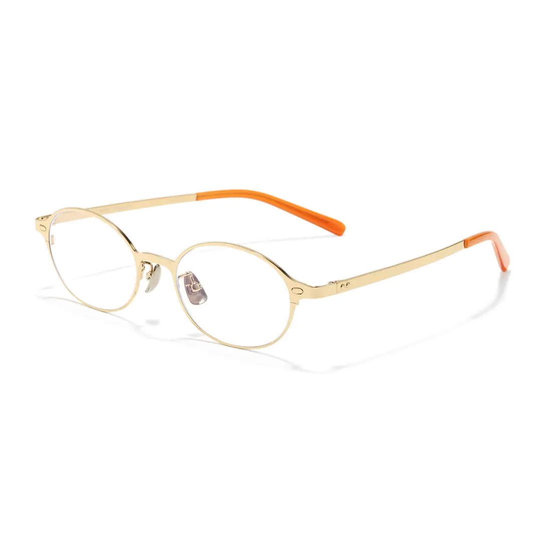 Angle view of Tompkin oval titanium eyeglasses OT0132412 in gold