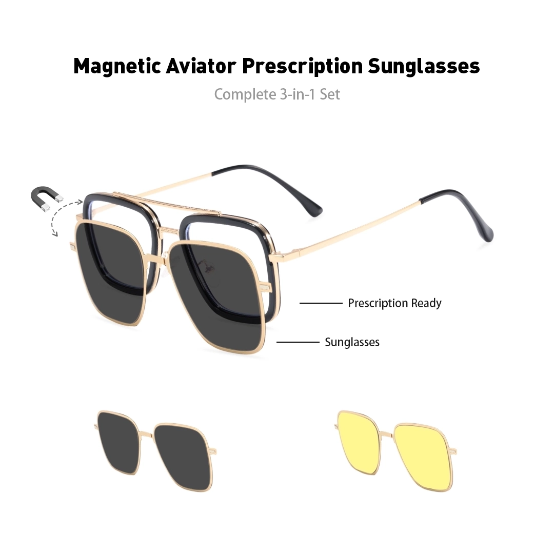 Set view of Zarek aviator metal magnetic clip-on eyeglasses set with interchangeable toppers AM0192409 in gold