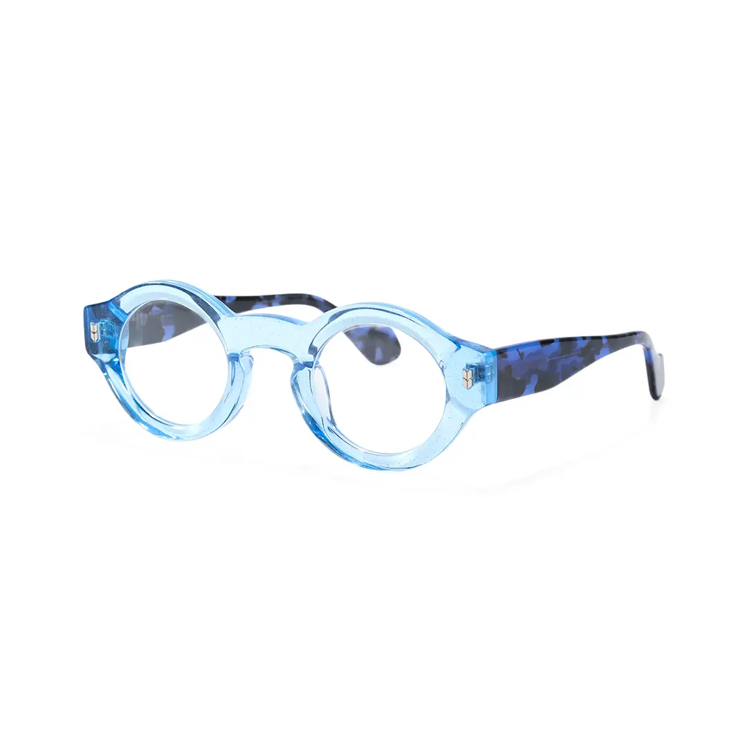Angle view of Zeal round acetate eyeglasses RA0110507 in blue